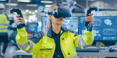 woman in high vis and VR headset
