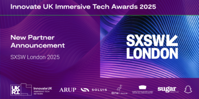 Purple banner featuring new industry partner for the Innovate UK Immersive Tech Awards 2025. SXSW London will provide a free Screen Pass to winners at the awards reception proceedings on 2 June in London.